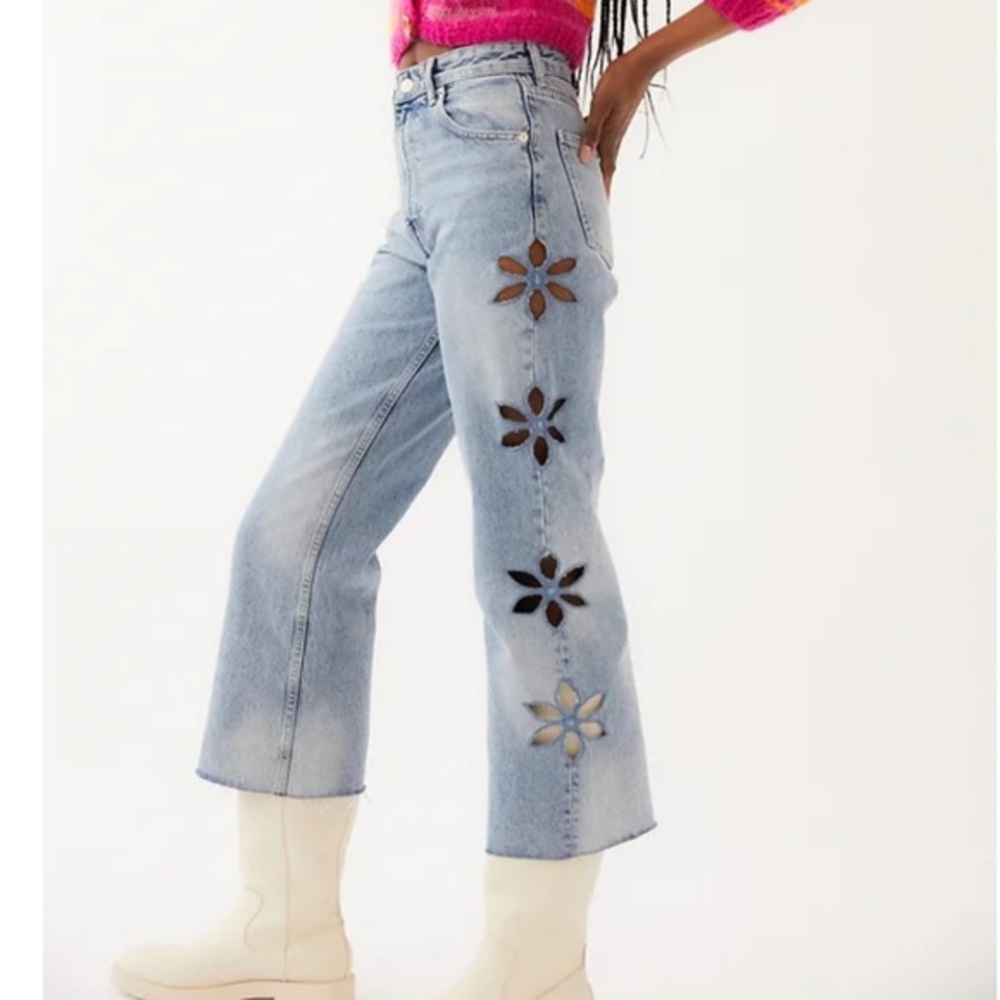 TACH Light Wash Blue Wide Leg Jeans with Floral Cutouts
